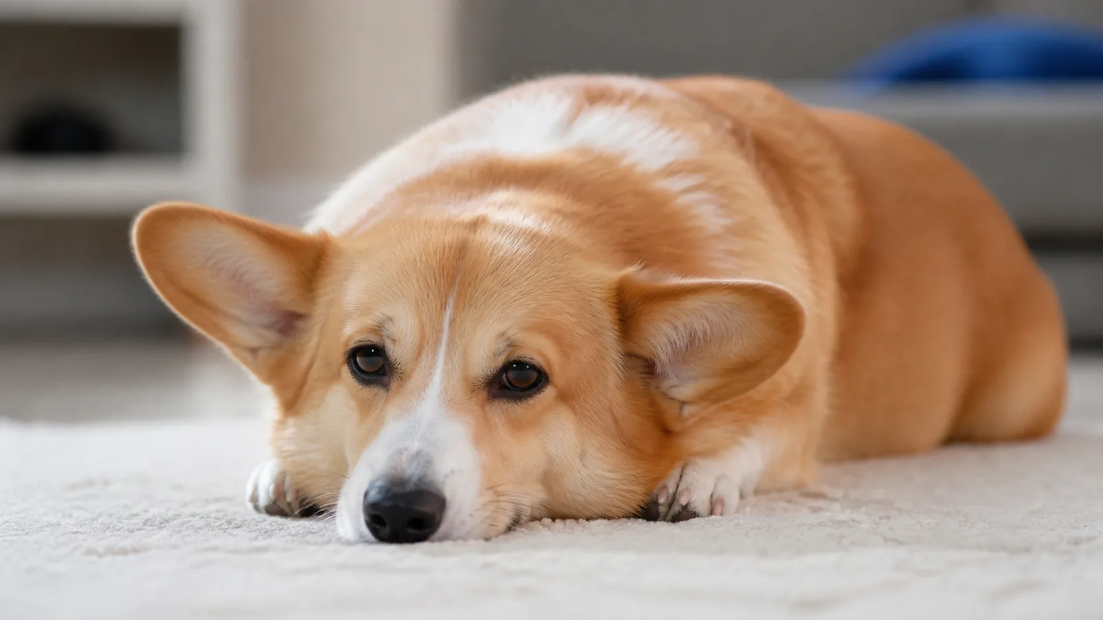 Corgi laying on a rug with it's head dog and ears slightly drooped, looking like it feels a little ill or tired.