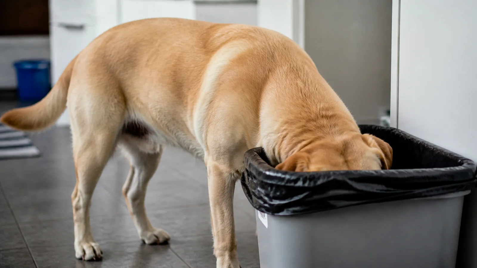 Labrador Retriever standing with it's head in a trash can, sneaking something it shouldn't have.