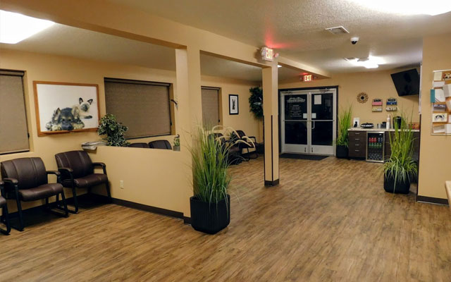 Spacious waiting area in the VESCNA veterinary clinic lobby designed for pet owner comfort in Flagstaff

