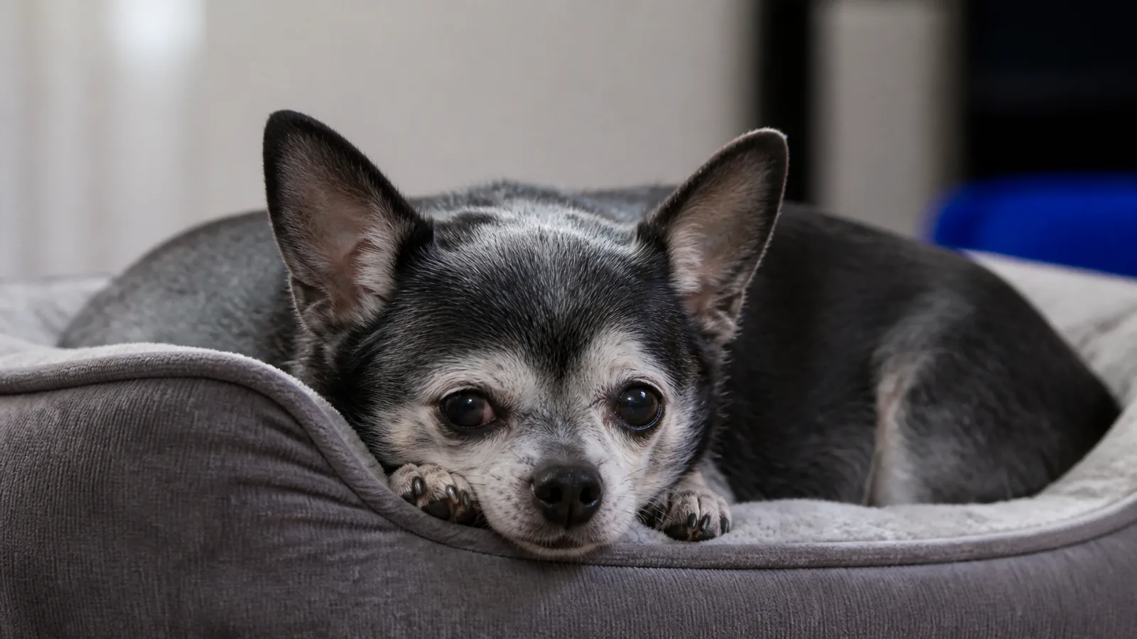 Senior Chihuahua resting indoors on a soft dog bed, gently resting its head down with a subtle, low-energy expression.