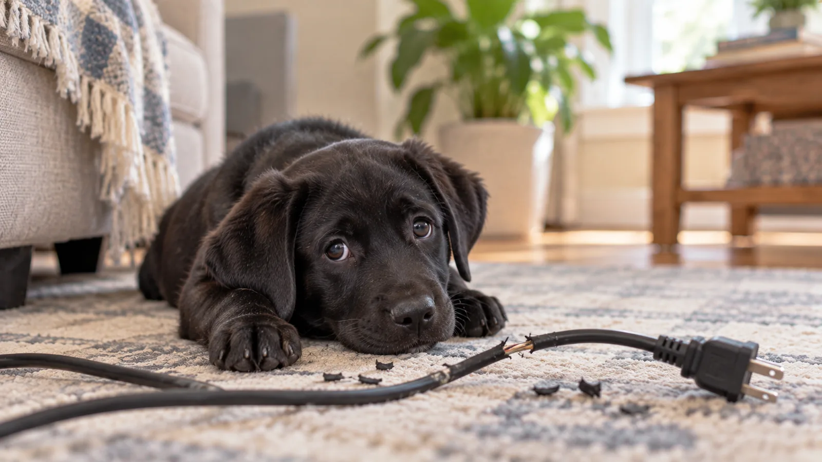 A black Labrador puppy lying on a rug next to a chewed electrical cord with exposed wires and a plug.