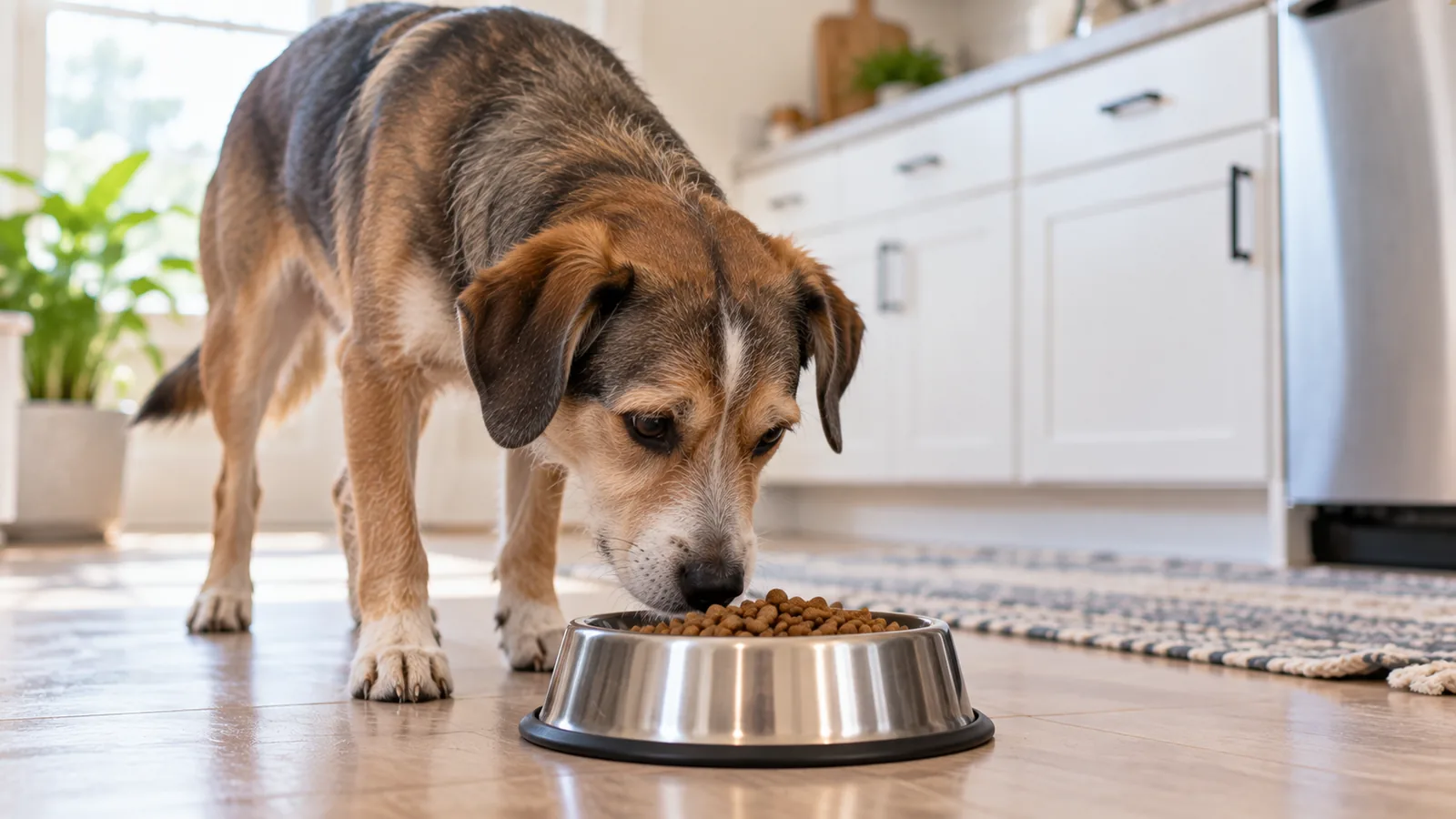 A tan and black mixed-breed dog eating dry kibble from a stainless steel bowl in a kitchen.