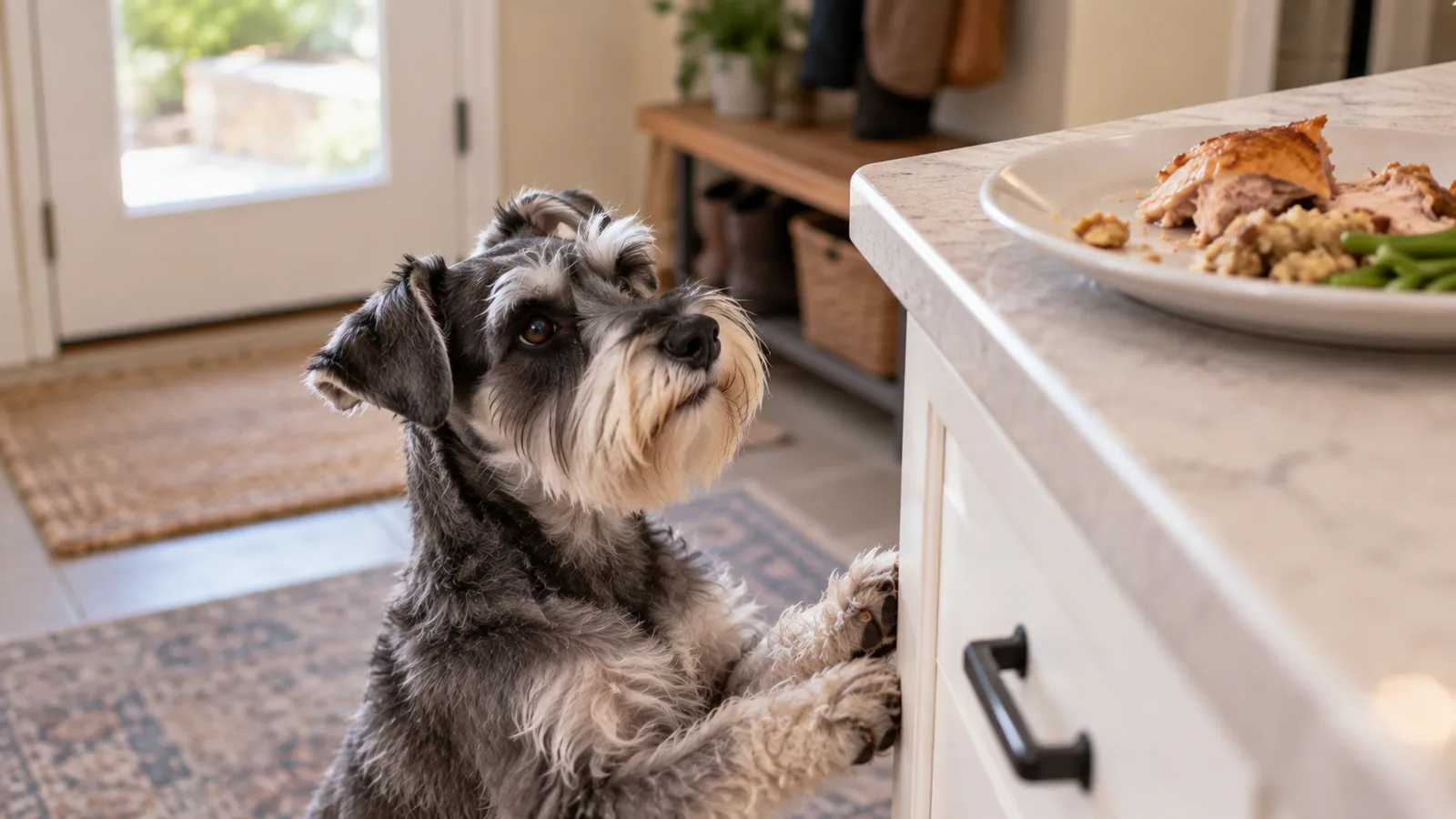 Grey schnauzer type dog with front paws on a kitchen counter, looking up at a plate of food.
