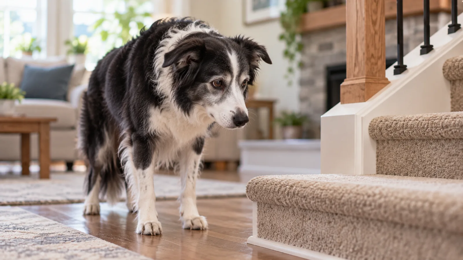 Black and white dog with a grey muzzle standing at the bottom of carpeted stairs, hesitating.
